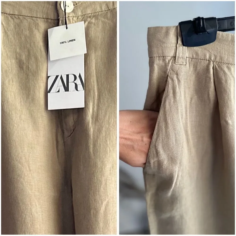 ZARA WIDE LEG LINEN PANTS LIGHT KHAKI
